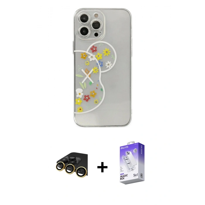 MARSİLYAN™- iPhone 13 Pro Max Kılıf Eksen Asil Prime - Siyah Bilvis 5in1 3D Magic Cam Ekran Koruyucu + Raze Metal Kamera Lens - GD