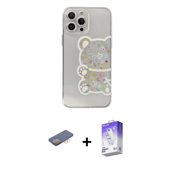 MARSİLYAN™- iPhone 13 Pro Max Kılıf Eksen Asil Prime - Siyah Bilvis 5in1 3D Magic Cam Ekran Koruyucu + Renkli Kamera Lens Koruma Cam - TU