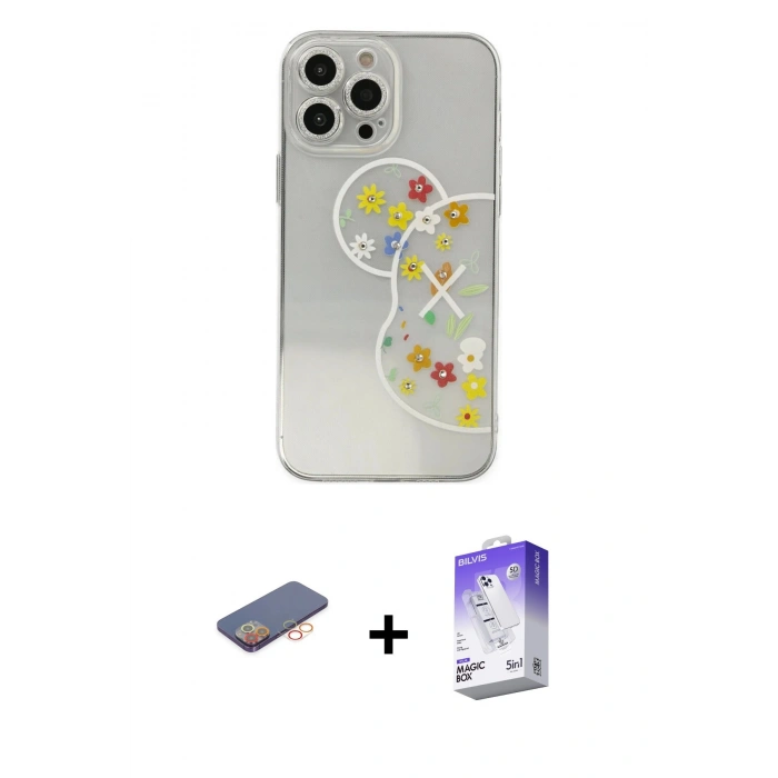 MARSİLYAN™- iPhone 13 Pro Max Kılıf Eksen Asil Prime - Siyah Bilvis 5in1 3D Magic Cam Ekran Koruyucu + Renkli Kamera Lens Koruma Cam - TU