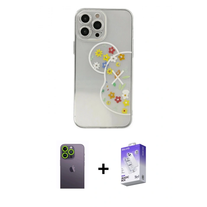 MARSİLYAN™- iPhone 13 Pro Max Kılıf Eksen Asil Prime - Siyah Bilvis 5in1 3D Magic Cam Ekran Koruyucu + Neon Fosforlu Kamera Lens - YL