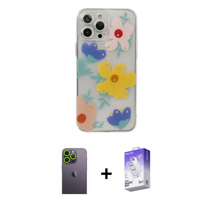 MARSİLYAN™- iPhone 13 Pro Max Kılıf Eksen Asil Prime - Siyah Bilvis 5in1 3D Magic Cam Ekran Koruyucu + Neon Fosforlu Kamera Lens - YL