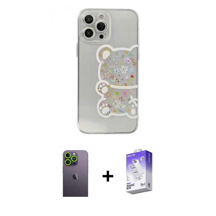 MARSİLYAN™- iPhone 13 Pro Max Kılıf Eksen Asil Prime - Siyah Bilvis 5in1 3D Magic Cam Ekran Koruyucu + Neon Fosforlu Kamera Lens - YL