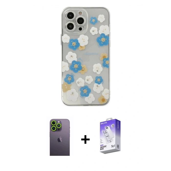 MARSİLYAN™- iPhone 13 Pro Max Kılıf Eksen Asil Prime - Siyah Bilvis 5in1 3D Magic Cam Ekran Koruyucu + Neon Fosforlu Kamera Lens - YL