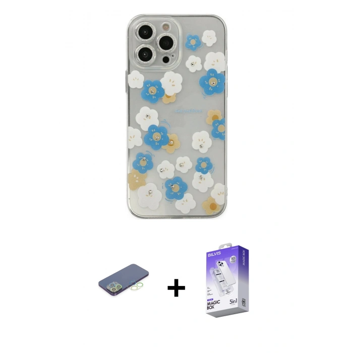 MARSİLYAN™- iPhone 13 Pro Max Kılıf Eksen Asil Prime - Siyah Bilvis 5in1 3D Magic Cam Ekran Koruyucu + Renkli Kamera Lens Koruma Cam - YL