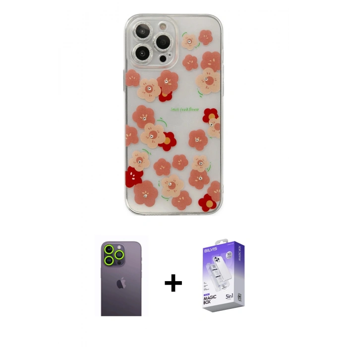 MARSİLYAN™- iPhone 13 Pro Max Kılıf Eksen Asil Prime - Siyah Bilvis 5in1 3D Magic Cam Ekran Koruyucu + Neon Fosforlu Kamera Lens - YL