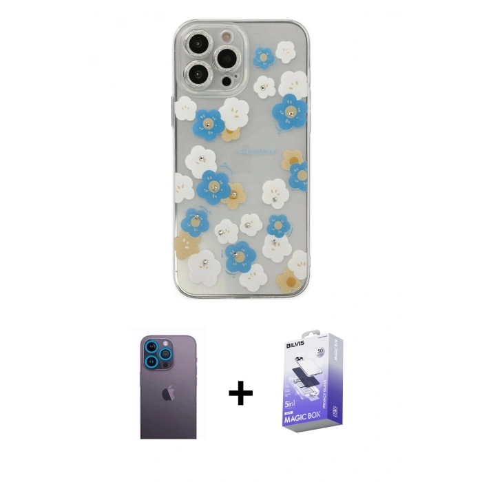MARSİLYAN™- iPhone 13 Pro Max Kılıf Eksen Asil Prime - Siyah Bilvis 5in1 5D Magic Hayalet Cam Ekran Koruyucu + Neon Fosforlu Kamera Lens - MI