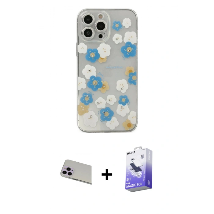 MARSİLYAN™- iPhone 13 Pro Max Kılıf Eksen Asil Prime - Siyah Bilvis 5in1 5D Magic Hayalet Cam Ekran Koruyucu + Rainbow Kamera Lens Koruma Cam - MR