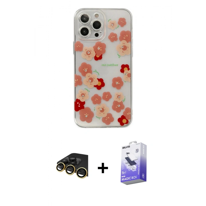 MARSİLYAN™- iPhone 13 Pro Max Kılıf Eksen Asil Prime - Siyah Bilvis 5in1 5D Magic Hayalet Cam Ekran Koruyucu + Raze Metal Kamera Lens - GD
