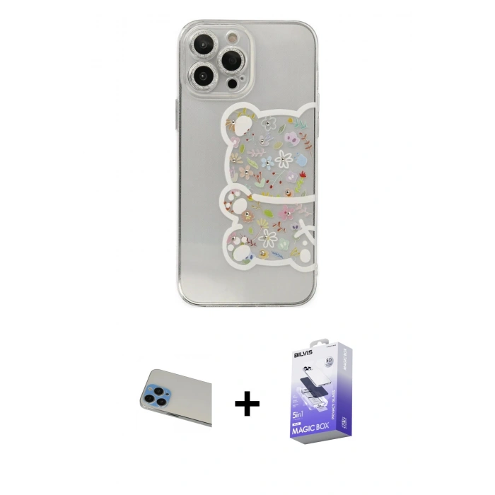 MARSİLYAN™- iPhone 13 Pro Max Kılıf Eksen Asil Prime - Siyah Bilvis 5in1 5D Magic Hayalet Cam Ekran Koruyucu + Rainbow Kamera Lens Koruma Cam - MI