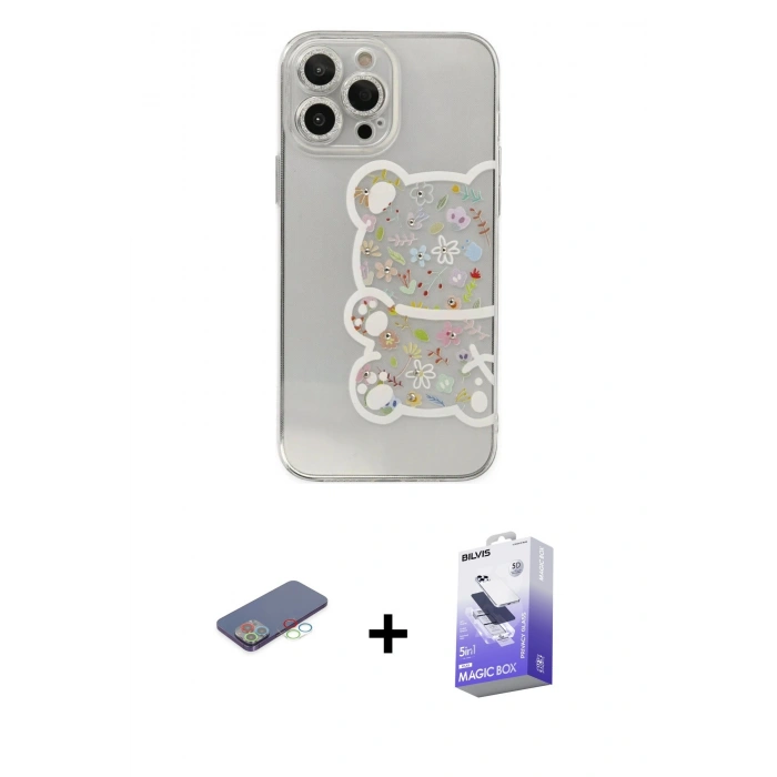MARSİLYAN™- iPhone 13 Pro Max Kılıf Eksen Asil Prime - Siyah Bilvis 5in1 5D Magic Hayalet Cam Ekran Koruyucu + Mavi Renkli Kamera Lens Koruma Cam