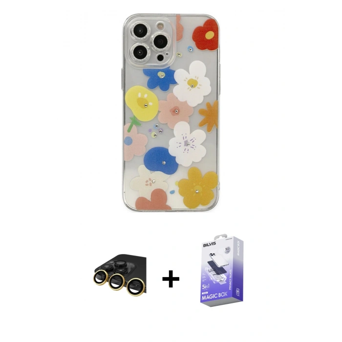 MARSİLYAN™- iPhone 13 Pro Max Kılıf Eksen Asil Prime - Siyah Bilvis 5in1 5D Magic Hayalet Cam Ekran Koruyucu + Raze Metal Kamera Lens - GD