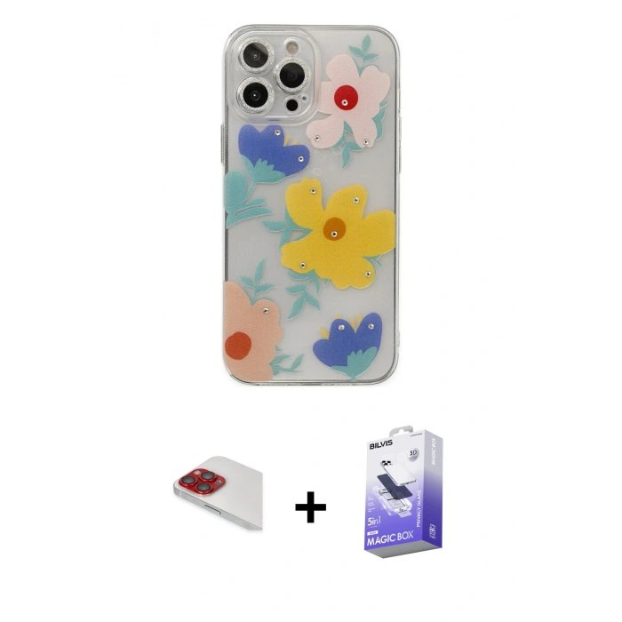 MARSİLYAN™- iPhone 13 Pro Max Kılıf Eksen Asil Prime - Siyah Bilvis 5in1 5D Magic Hayalet Cam Ekran Koruyucu + Pers Alüminyum Kamera Lens - KI