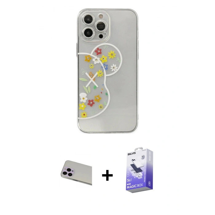 MARSİLYAN™- iPhone 13 Pro Max Kılıf Eksen Asil Prime - Siyah Bilvis 5in1 5D Magic Hayalet Cam Ekran Koruyucu + Rainbow Kamera Lens Koruma Cam - MR