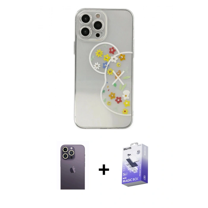 MARSİLYAN™- iPhone 13 Pro Max Kılıf Eksen Asil Prime - Siyah Bilvis 5in1 5D Magic Hayalet Cam Ekran Koruyucu + Neon Fosforlu Kamera Lens - BZ