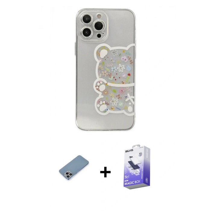 MARSİLYAN™- iPhone 13 Pro Max Kılıf Eksen Asil Prime - Siyah Bilvis 5in1 5D Magic Hayalet Cam Ekran Koruyucu + Shine Kamera Lens Koruma Cam - GI