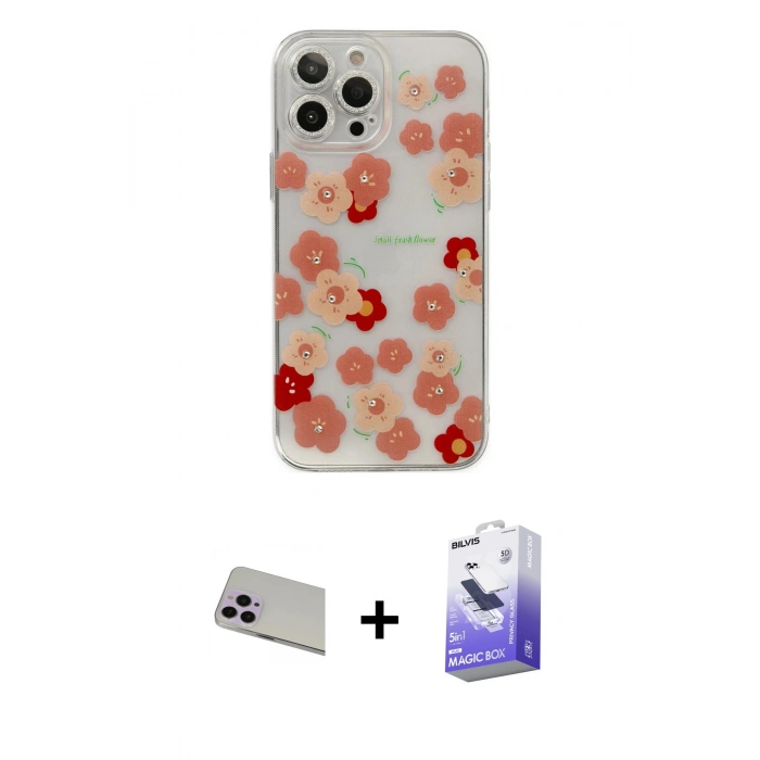 MARSİLYAN™- iPhone 13 Pro Max Kılıf Eksen Asil Prime - Siyah Bilvis 5in1 5D Magic Hayalet Cam Ekran Koruyucu + Rainbow Kamera Lens Koruma Cam - MR
