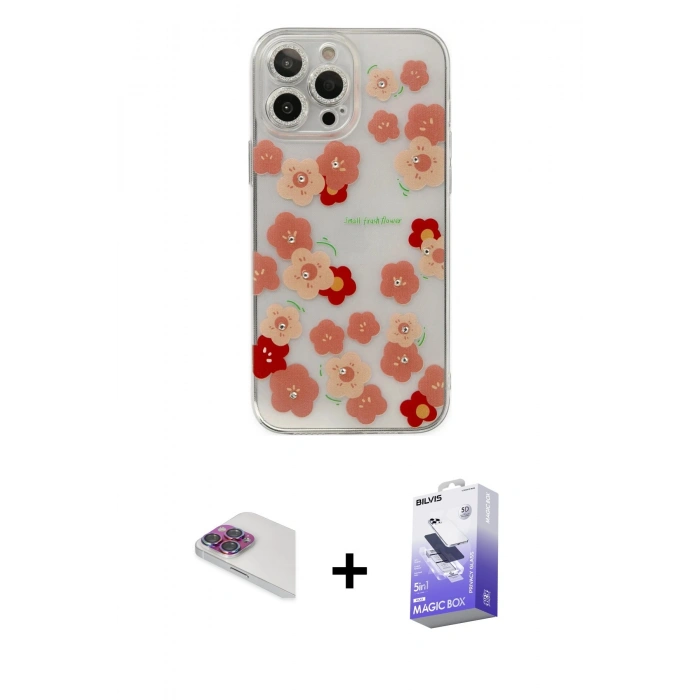 MARSİLYAN™- iPhone 13 Pro Max Kılıf Eksen Asil Prime - Siyah Bilvis 5in1 5D Magic Hayalet Cam Ekran Koruyucu + Gökkuşağı Pers Alüminyum Kamera Lens