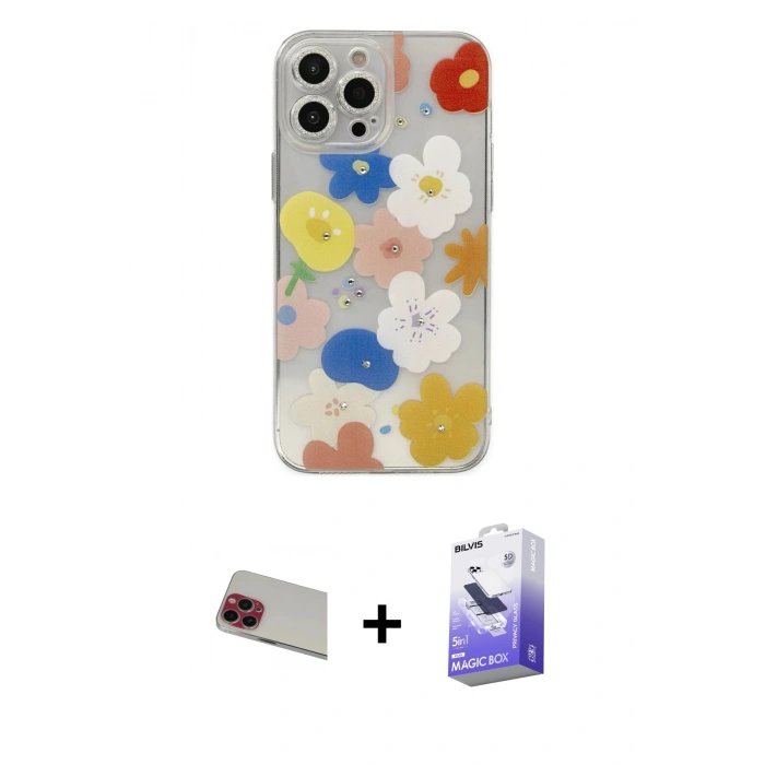 MARSİLYAN™- iPhone 13 Pro Max Kılıf Eksen Asil Prime - Siyah Bilvis 5in1 5D Magic Hayalet Cam Ekran Koruyucu + Rainbow Kamera Lens Koruma Cam - KI
