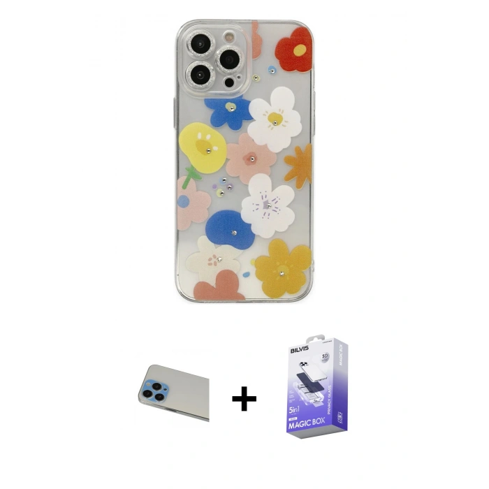 MARSİLYAN™- iPhone 13 Pro Max Kılıf Eksen Asil Prime - Siyah Bilvis 5in1 5D Magic Hayalet Cam Ekran Koruyucu + Rainbow Kamera Lens Koruma Cam - MI