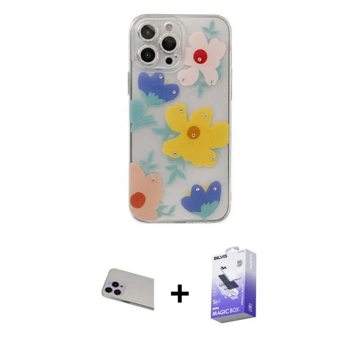 MARSİLYAN™- iPhone 13 Pro Max Kılıf Eksen Asil Prime - Siyah Bilvis 5in1 5D Magic Hayalet Cam Ekran Koruyucu + Rainbow Kamera Lens Koruma Cam - MR