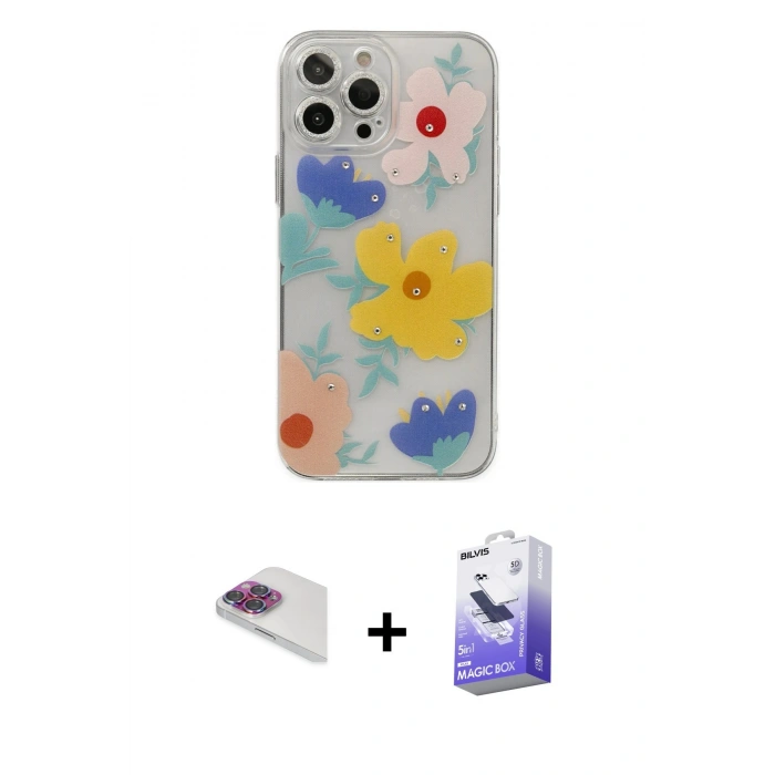 MARSİLYAN™- iPhone 13 Pro Max Kılıf Eksen Asil Prime - Siyah Bilvis 5in1 5D Magic Hayalet Cam Ekran Koruyucu + Gökkuşağı Pers Alüminyum Kamera Lens