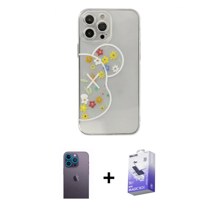 MARSİLYAN™- iPhone 13 Pro Max Kılıf Eksen Asil Prime - Siyah Bilvis 5in1 5D Magic Hayalet Cam Ekran Koruyucu + Neon Fosforlu Kamera Lens - MI