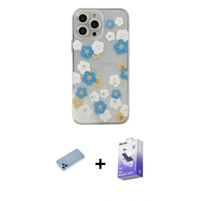 MARSİLYAN™- iPhone 13 Pro Max Kılıf Eksen Asil Prime - Siyah Bilvis 5in1 5D Magic Hayalet Cam Ekran Koruyucu + Mavi Shine Kamera Lens Koruma Cam