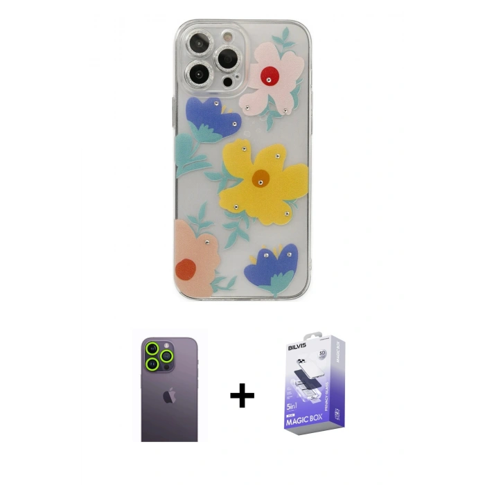 MARSİLYAN™- iPhone 13 Pro Max Kılıf Eksen Asil Prime - Siyah Bilvis 5in1 5D Magic Hayalet Cam Ekran Koruyucu + Neon Fosforlu Kamera Lens - YL