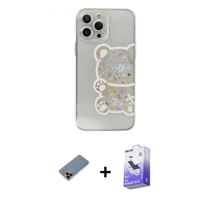 MARSİLYAN™- iPhone 13 Pro Max Kılıf Eksen Asil Prime - Siyah Bilvis 5in1 5D Magic Hayalet Cam Ekran Koruyucu + Kırmızı Metal Kamera Lens Koruma Cam