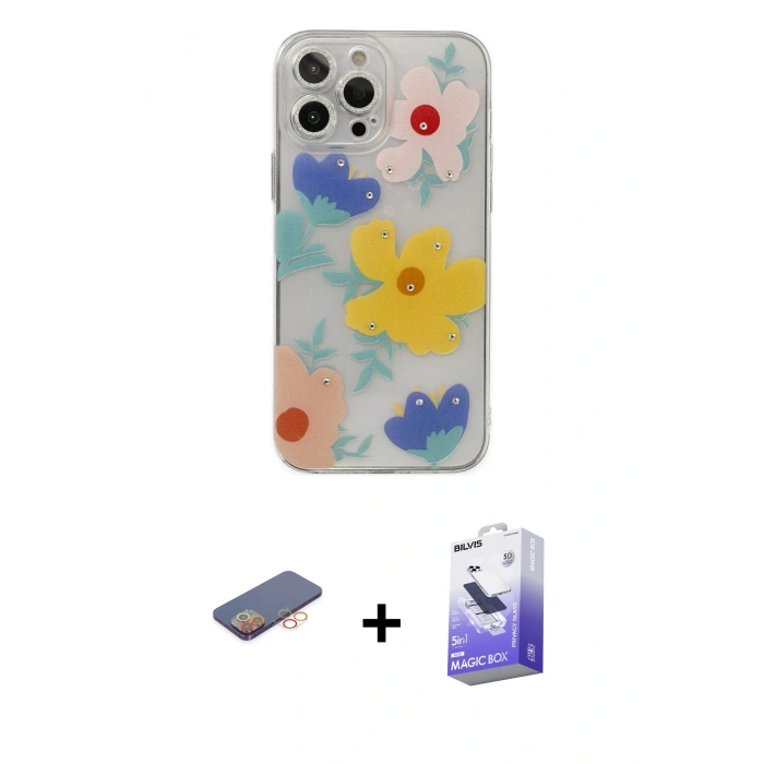 MARSİLYAN™- iPhone 13 Pro Max Kılıf Eksen Asil Prime - Siyah Bilvis 5in1 5D Magic Hayalet Cam Ekran Koruyucu + Renkli Kamera Lens Koruma Cam - TU