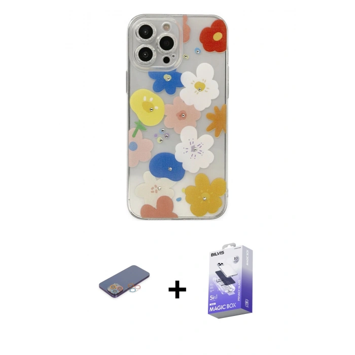 MARSİLYAN™- iPhone 13 Pro Max Kılıf Eksen Asil Prime - Siyah Bilvis 5in1 5D Magic Hayalet Cam Ekran Koruyucu + Renkli Kamera Lens Koruma Cam - PE