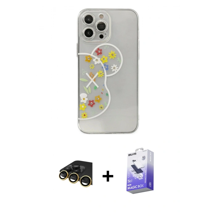 MARSİLYAN™- iPhone 13 Pro Max Kılıf Eksen Asil Prime - Siyah Bilvis 5in1 5D Magic Hayalet Cam Ekran Koruyucu + Raze Metal Kamera Lens - GD