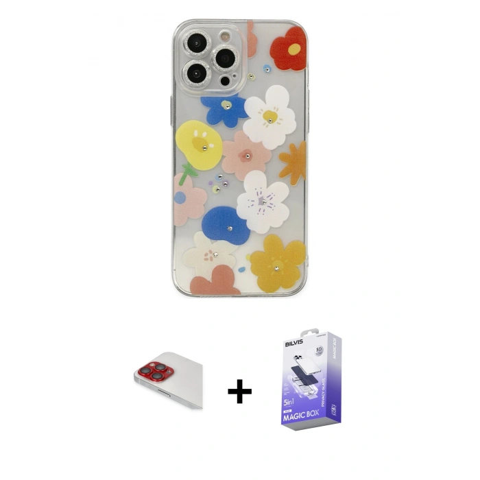 MARSİLYAN™- iPhone 13 Pro Max Kılıf Eksen Asil Prime - Siyah Bilvis 5in1 5D Magic Hayalet Cam Ekran Koruyucu + Pers Alüminyum Kamera Lens - KI