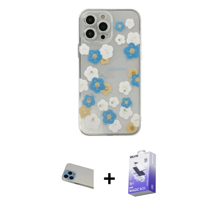MARSİLYAN™- iPhone 13 Pro Max Kılıf Eksen Asil Prime - Siyah Bilvis 5in1 5D Magic Hayalet Cam Ekran Koruyucu + Rainbow Kamera Lens Koruma Cam - MI