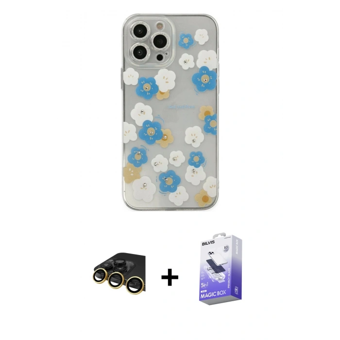 MARSİLYAN™- iPhone 13 Pro Max Kılıf Eksen Asil Prime - Siyah Bilvis 5in1 5D Magic Hayalet Cam Ekran Koruyucu + Raze Metal Kamera Lens - GD