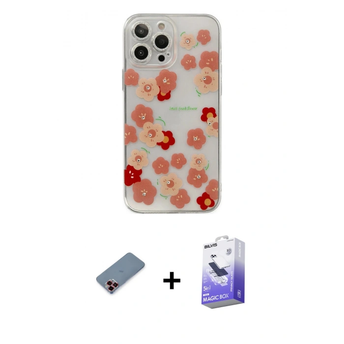 MARSİLYAN™- iPhone 13 Pro Max Kılıf Eksen Asil Prime - Siyah Bilvis 5in1 5D Magic Hayalet Cam Ekran Koruyucu + Kırmızı Metal Kamera Lens Koruma Cam