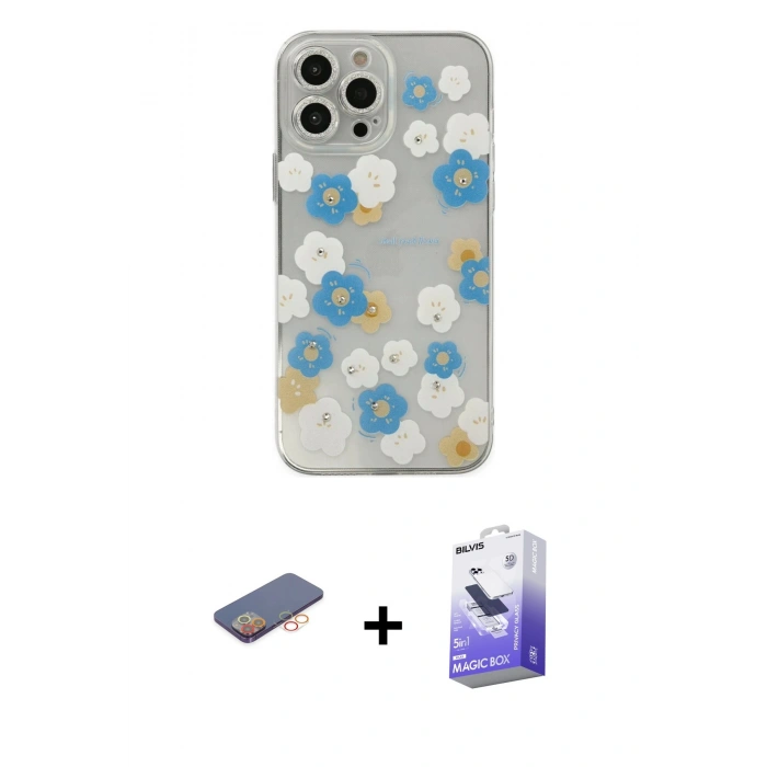 MARSİLYAN™- iPhone 13 Pro Max Kılıf Eksen Asil Prime - Siyah Bilvis 5in1 5D Magic Hayalet Cam Ekran Koruyucu + Renkli Kamera Lens Koruma Cam - TU