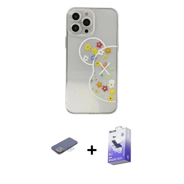 MARSİLYAN™- iPhone 13 Pro Max Kılıf Eksen Asil Prime - Siyah Bilvis 5in1 5D Magic Hayalet Cam Ekran Koruyucu + Renkli Kamera Lens Koruma Cam - MI