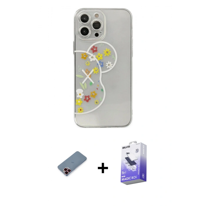 MARSİLYAN™- iPhone 13 Pro Max Kılıf Eksen Asil Prime - Siyah Bilvis 5in1 5D Magic Hayalet Cam Ekran Koruyucu + Kırmızı Metal Kamera Lens Koruma Cam