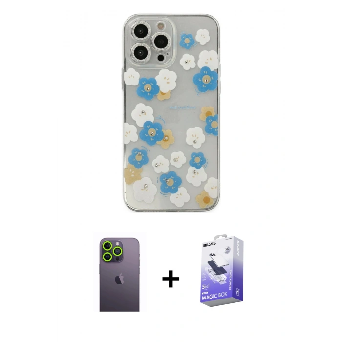 MARSİLYAN™- iPhone 13 Pro Max Kılıf Eksen Asil Prime - Siyah Bilvis 5in1 5D Magic Hayalet Cam Ekran Koruyucu + Neon Fosforlu Kamera Lens - YL