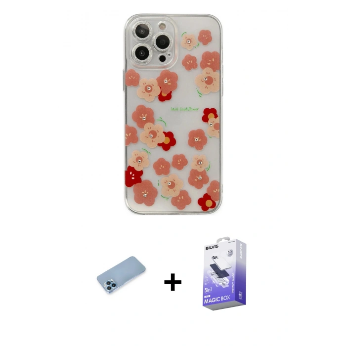 MARSİLYAN™- iPhone 13 Pro Max Kılıf Eksen Asil Prime - Siyah Bilvis 5in1 5D Magic Hayalet Cam Ekran Koruyucu + Mavi Shine Kamera Lens Koruma Cam