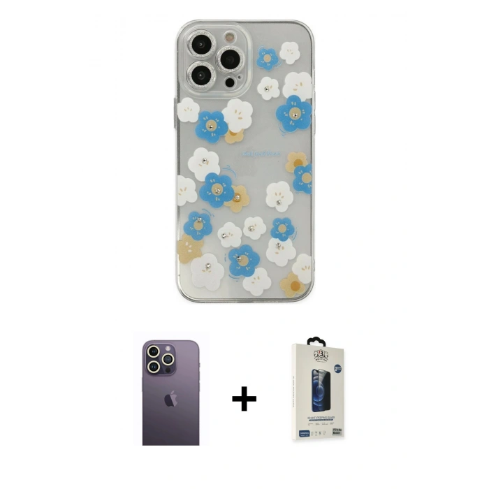 MARSİLYAN™- iPhone 13 Pro Max Kılıf Eksen Asil Prime - Siyah Bilvis Hayalet Cam Ekran Koruyucu + Neon Fosforlu Kamera Lens - BZ