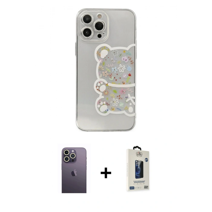 MARSİLYAN™- iPhone 13 Pro Max Kılıf Eksen Asil Prime - Siyah Bilvis Hayalet Cam Ekran Koruyucu + Neon Fosforlu Kamera Lens - BZ