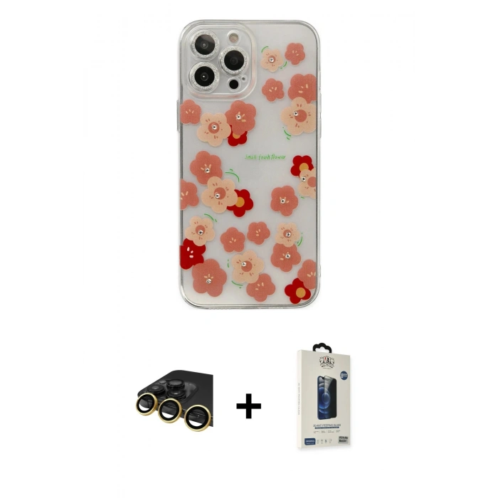 MARSİLYAN™- iPhone 13 Pro Max Kılıf Eksen Asil Prime - Siyah Bilvis Hayalet Cam Ekran Koruyucu + Gold Raze Metal Kamera Lens