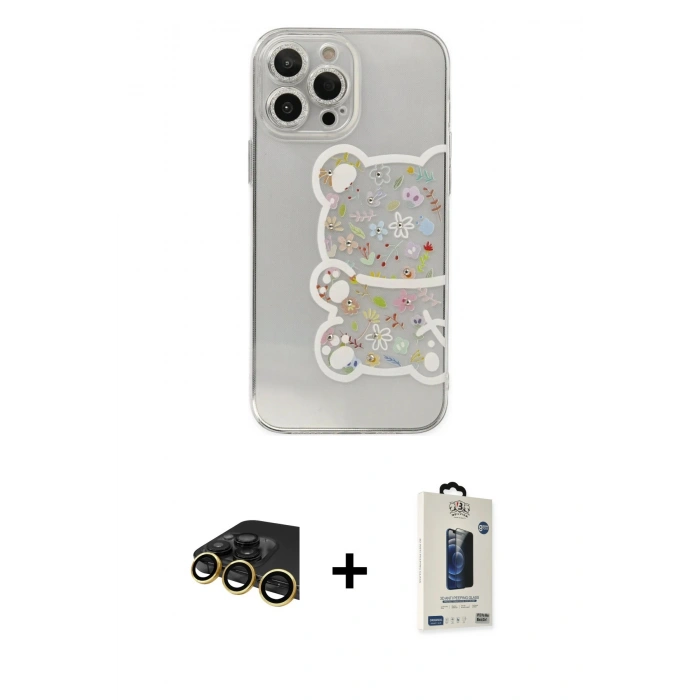 MARSİLYAN™- iPhone 13 Pro Max Kılıf Eksen Asil Prime - Siyah Bilvis Hayalet Cam Ekran Koruyucu + Gold Raze Metal Kamera Lens