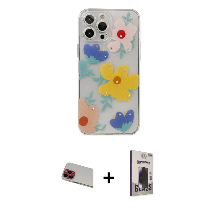 MARSİLYAN™- iPhone 13 Pro Max Kılıf Eksen Asil Prime - Siyah Bilvis Hayalet Cam Ekran Koruyucu + Rainbow Kamera Lens Koruma Cam - KI