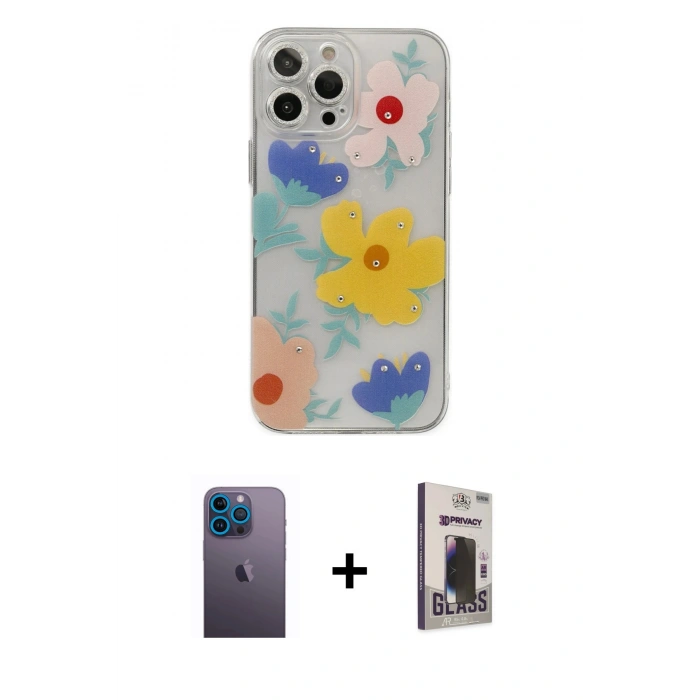 MARSİLYAN™- iPhone 13 Pro Max Kılıf Eksen Asil Prime - Siyah Bilvis Hayalet Cam Ekran Koruyucu + Neon Fosforlu Kamera Lens - MI
