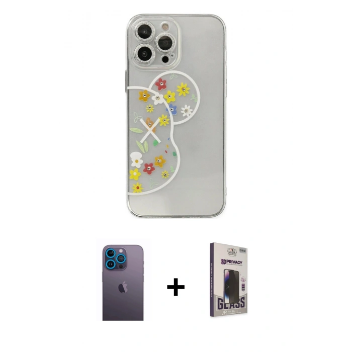 MARSİLYAN™- iPhone 13 Pro Max Kılıf Eksen Asil Prime - Siyah Bilvis Hayalet Cam Ekran Koruyucu + Neon Fosforlu Kamera Lens - MI