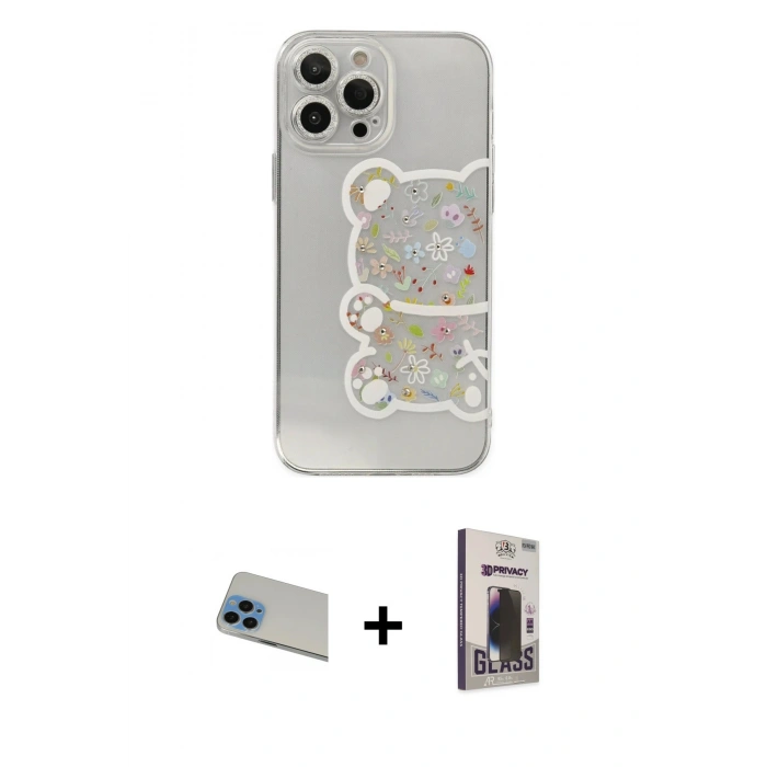 MARSİLYAN™- iPhone 13 Pro Max Kılıf Eksen Asil Prime - Siyah Bilvis Hayalet Cam Ekran Koruyucu + Rainbow Kamera Lens Koruma Cam - MI