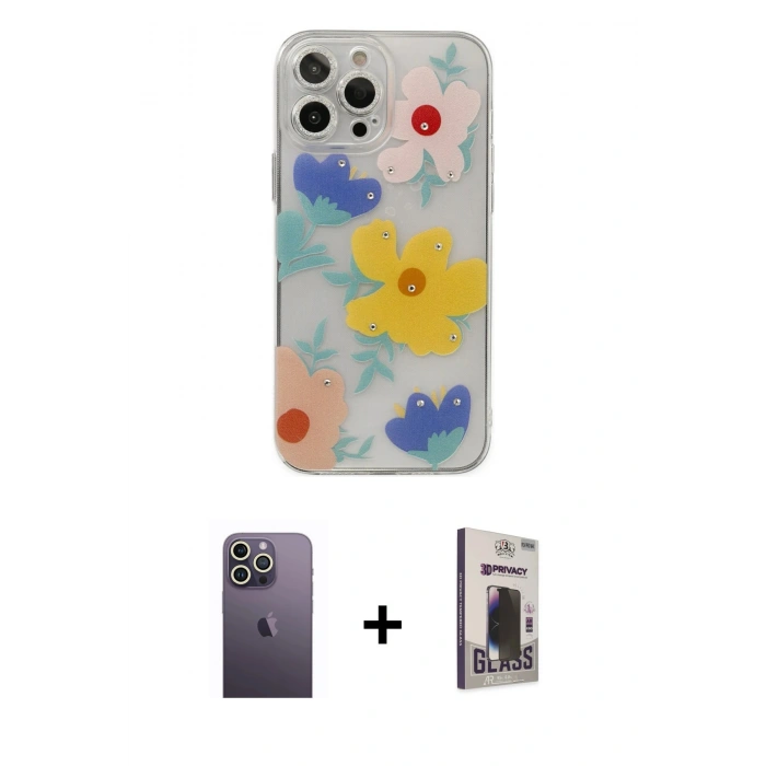 MARSİLYAN™- iPhone 13 Pro Max Kılıf Eksen Asil Prime - Siyah Bilvis Hayalet Cam Ekran Koruyucu + Neon Fosforlu Kamera Lens - BZ